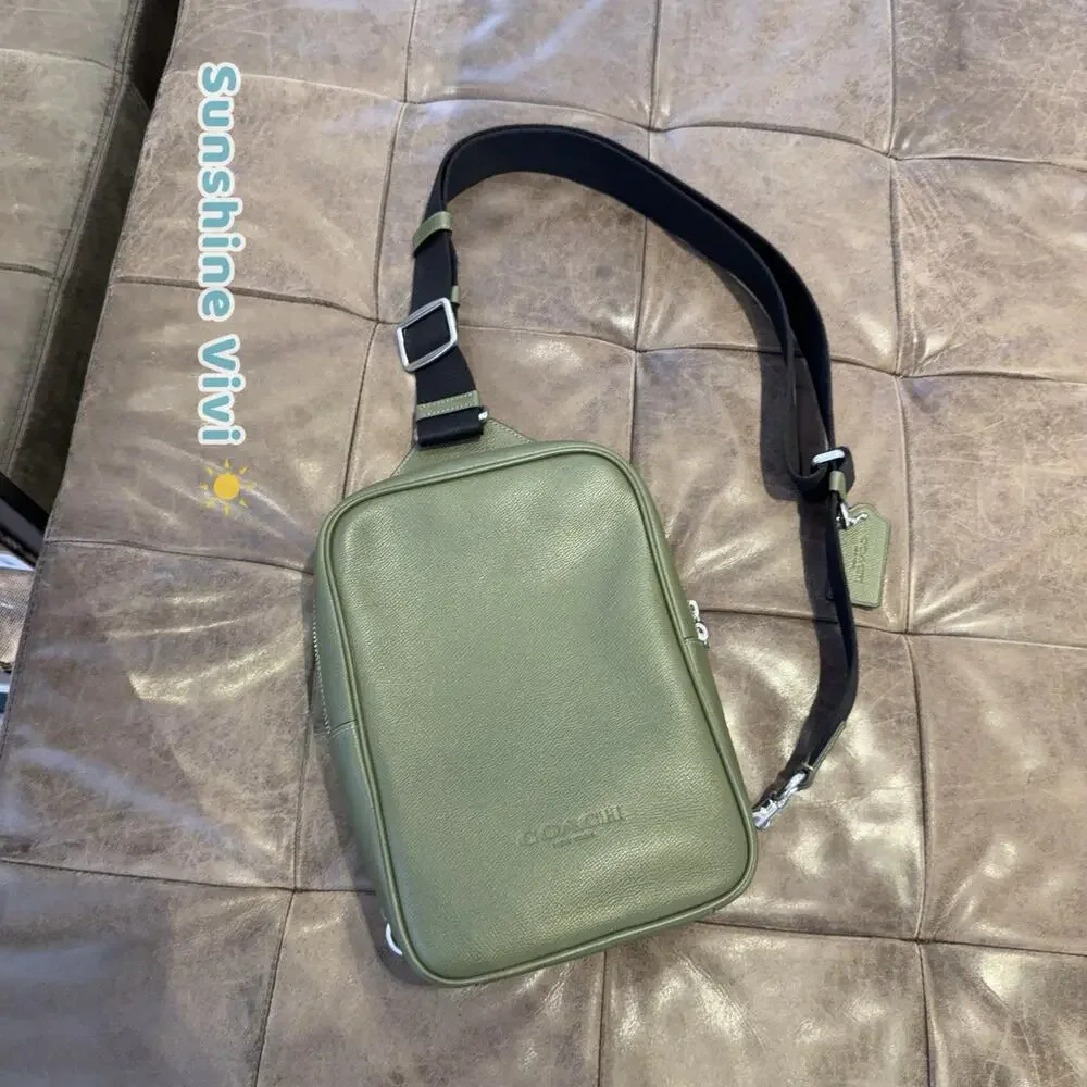 NWT Coach Ray Pack 17 Silver/Olive CFK07 Crossgrain leather